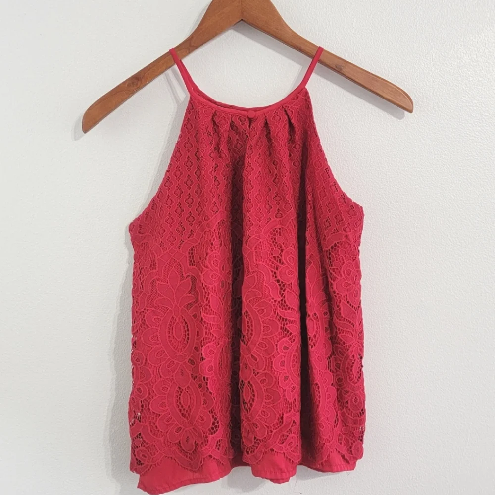 Red Lace High Neck Tank Top - Picture 6 of 11